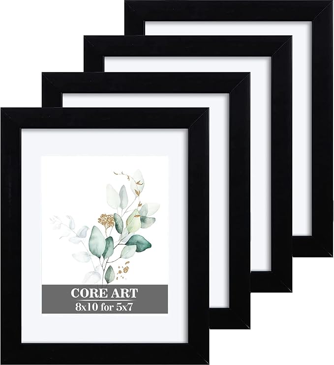CORE ART 8x10 Black Picture Frame Set of 4,Display Pictures 5x7 with Mat or 8 x 10 without Mat,Multi Photo Frames Collage for Wall or Tabletop Display