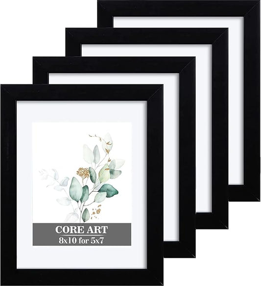 CORE ART 8x10 Black Picture Frame Set of 4,Display Pictures 5x7 with Mat or 8 x 10 without Mat,Multi Photo Frames Collage for Wall or Tabletop Display