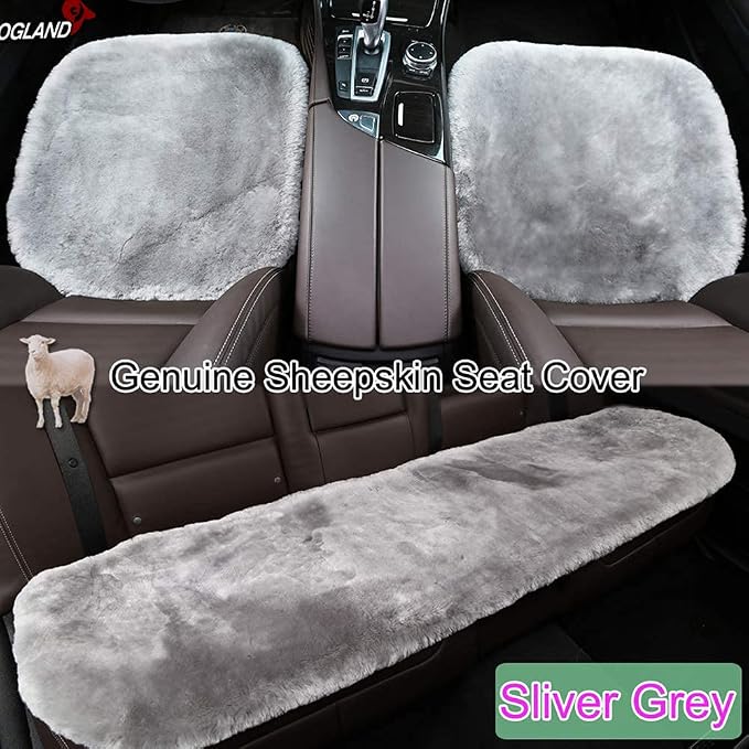 OGLAND 20 inchs Fluffy Shearling Sheepskin Car Seat Cover for Auto Interior Accessories with Soft Fuzzy Wool Eco-Friendly Natural Fur Non-Slip (Misty Gray, Front)