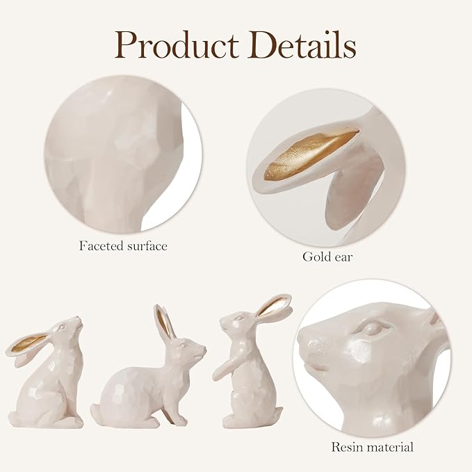 DN DECONATION Easter Bunny Figurines, Small Decorative Bunny Statue Set of 3, Beige & Gold Easter Rabbit for Modern Tabletop Decor Home Spring Decoration Gift, Resin Sculptures Decor