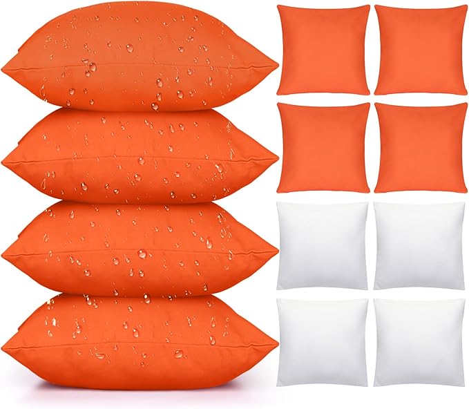 Colingmill 4 Set Waterproof Orange Outdoor Throw Pillow Covers with 4 Pillow Inserts 18x18 Inch Decorative Waterproof Throw Cushion for Sofa Couch Home Patio