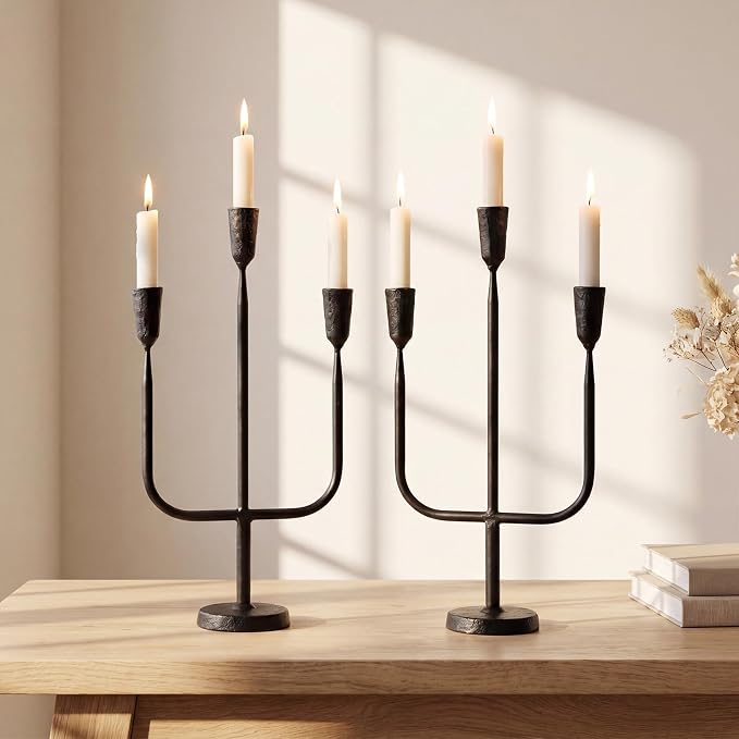 2 Pcs 16 Inch 3 Arm Metal Candelabra Cast Iron Taper Candelabra Vintage Tall Candle Holder Decorative Candlestick Holder for Wedding Antique Table Centerpiece & Mantel Decor (Black)