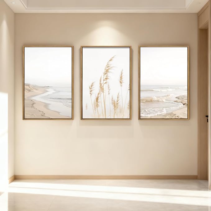 HPNIUB Modern Beach Waves Framed Wall Art Set,Seaside Reed Pathway Wall Decor,Minimalist Neutral Coastal Landscape Printing,Boho Seascape Nature Artwork for Living Room, Bedroom,Bathroom-24''x36''x3