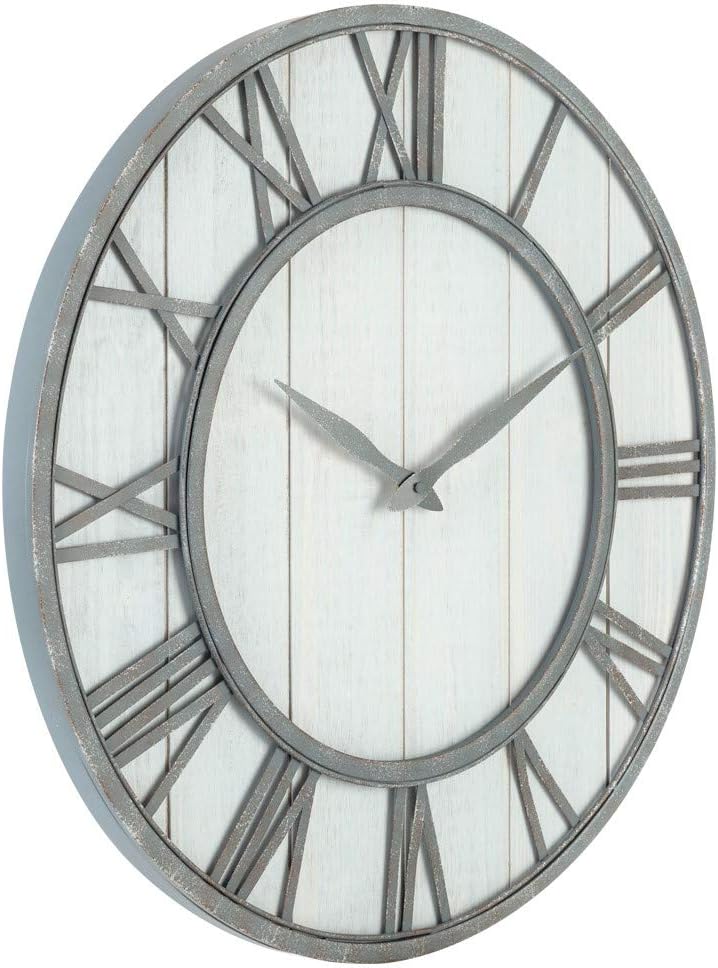Oldtown Farmhouse Metal & Solid Wood Noiseless Wall Clock (Whitewash, 24-inch)