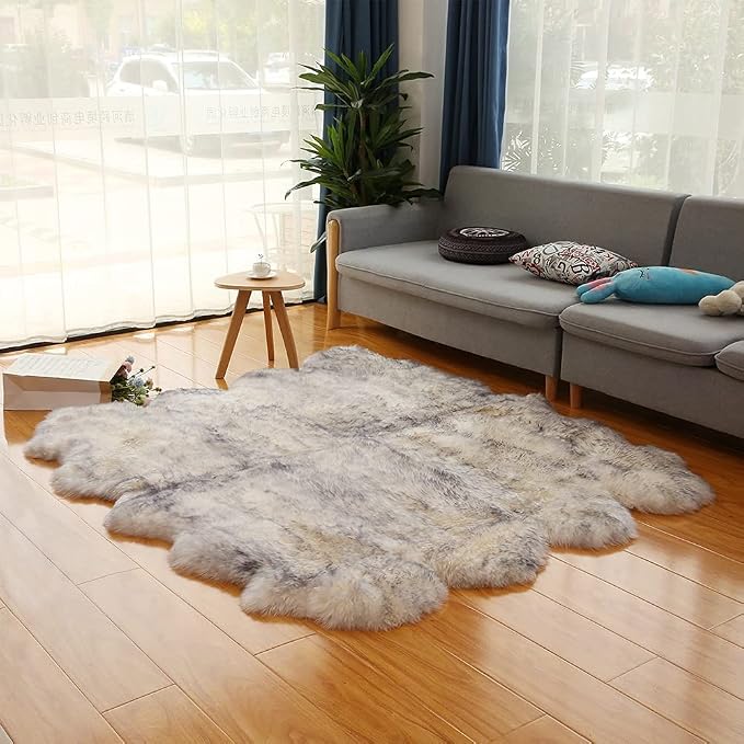 HUAHOO Premium Genuine Sheepskin Rug White Gray Real Australia Sheepskin Natural Lambskin Fur Area Rug Seat Covers for Kids Bedroom Sofa Chair Cover Pets Dogs Mat Eight Pelt / 6.2' x 7' Wolf Tip