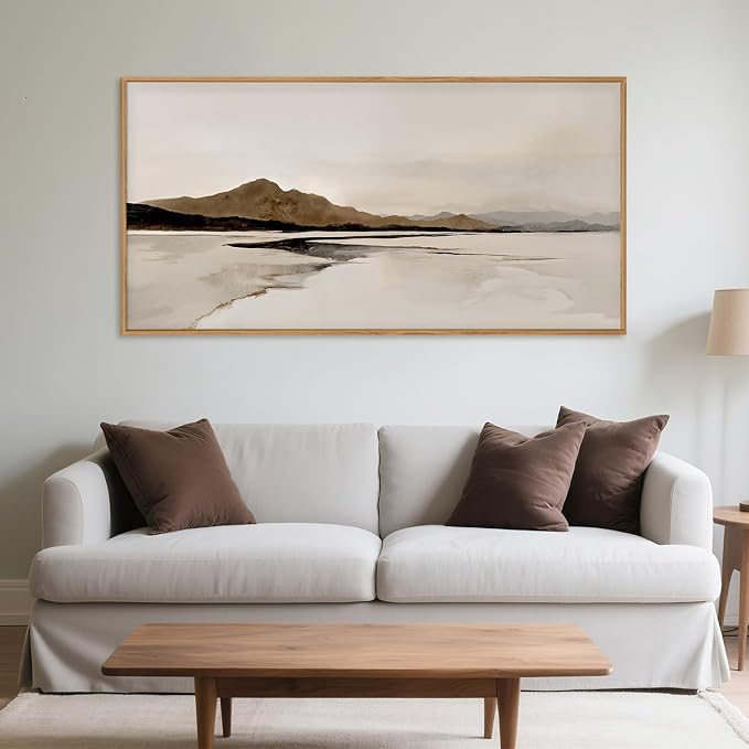 Netural Abstract Mountain Framed Canvas Wall Art Set, Nature Misty Lake Wall Decor,Modern Beige Grey Wall Painting, Minimalist Landscape Art Prints for Living Room,Bedroom,Office - 20"X40"X1