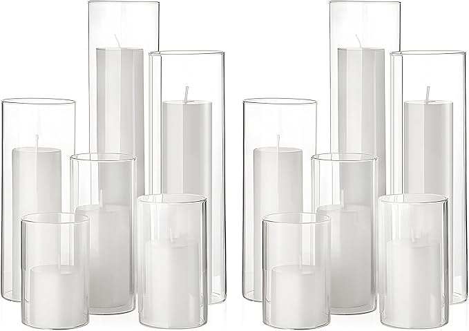 Shihanee Set of 12 Pillar Candles and Glass Cylinder Vases Assorted Sizes Cylinder Holders for Pillar Candles Home Table Centerpieces Wedding Party Decorations (White)