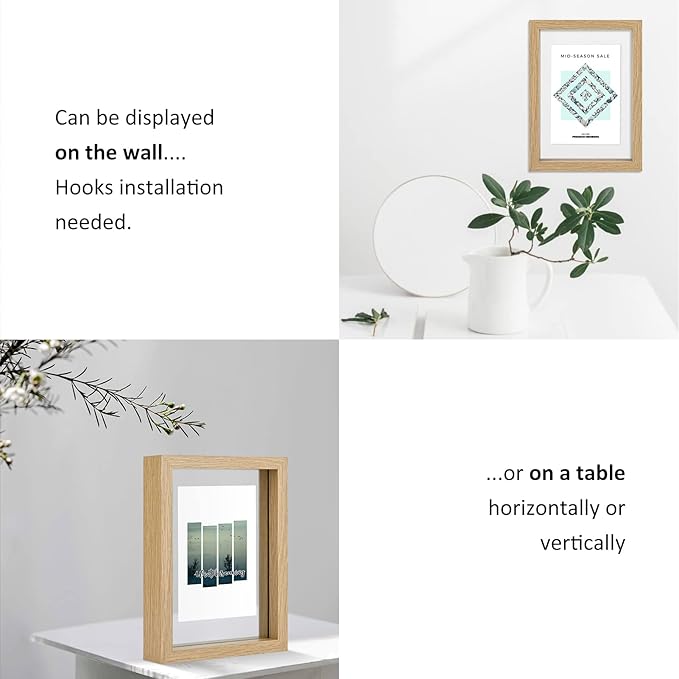 MUYE 5x7 Floating Frame Set of 2,Double Glass Rustic Photo Frame for Wall Hanging or Tabletop Standing,Also Display 4x6 or 3x5 Photo for Floating Effect,Natural