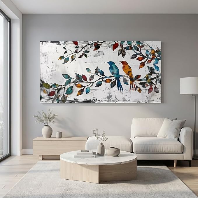 Wall Art Funny Paintings Colorful Birds on a Branch Art Mural Pop Art Home Office Wall Decor Framed Canvas Wall Decor for Living Room Ready to Hang - 40x20in