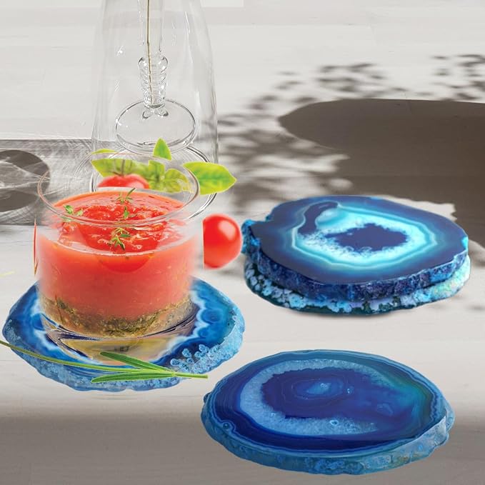 Teal Agate Slices Bulk Geode Coasters Set of 4 with Rubber Bumpers - Unique 4-5 Inch Dyed Stone Drink Crystal Cup Coasters for Home Decor, Coffee Table, Bar Accessories