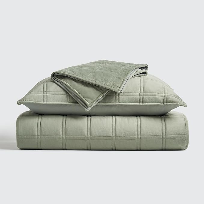 EVERGRACE 3 Pieces Luxurious Velvet Quilt King Size, Ultra Soft Bedspread Coverlet Set, Double Box Stitch Lightweight Velvet Comforter for All Season with 2 Shams, Sage Green, 108"x96"