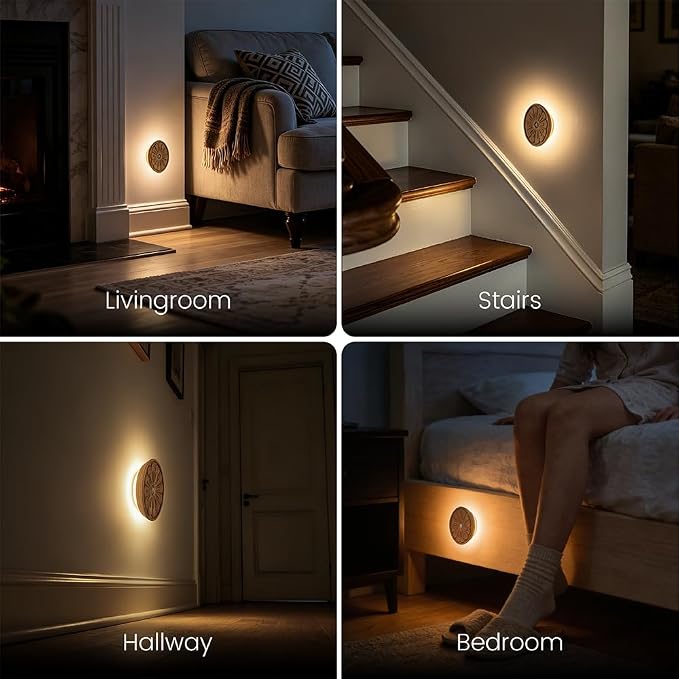 Flower Motion Sensor Night Light, Carved Wooden Flower Wall Lamp, Backlight LED Light, Rechargeable & Stick-On Magnetic Mount for Indoor Decor, Living Room, Bedroom, Stairs (Round Ash Wood *1Pack)