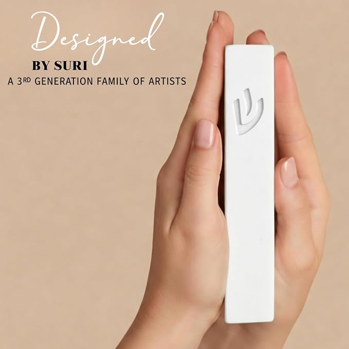 SURI Mezuzah for Door – 5 Inch White Concrete Mezuzah Case with Non Kosher Scroll, Self-Stick Jewish Entry Design, Fits a 4 Inch Scroll, Gift Box Included