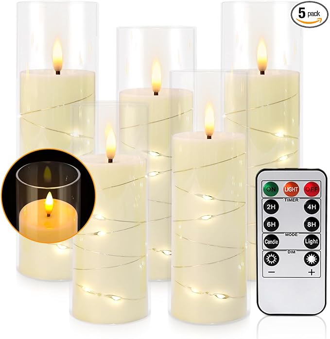 Pack of 5 (D2.2 X H 5" 6" 7") Ivory Flickering Flameless Candles Battery Operated with Remote, LED Pillar Candles with Realistic Moving Wick for Halloween, Christmas, Home Decor.