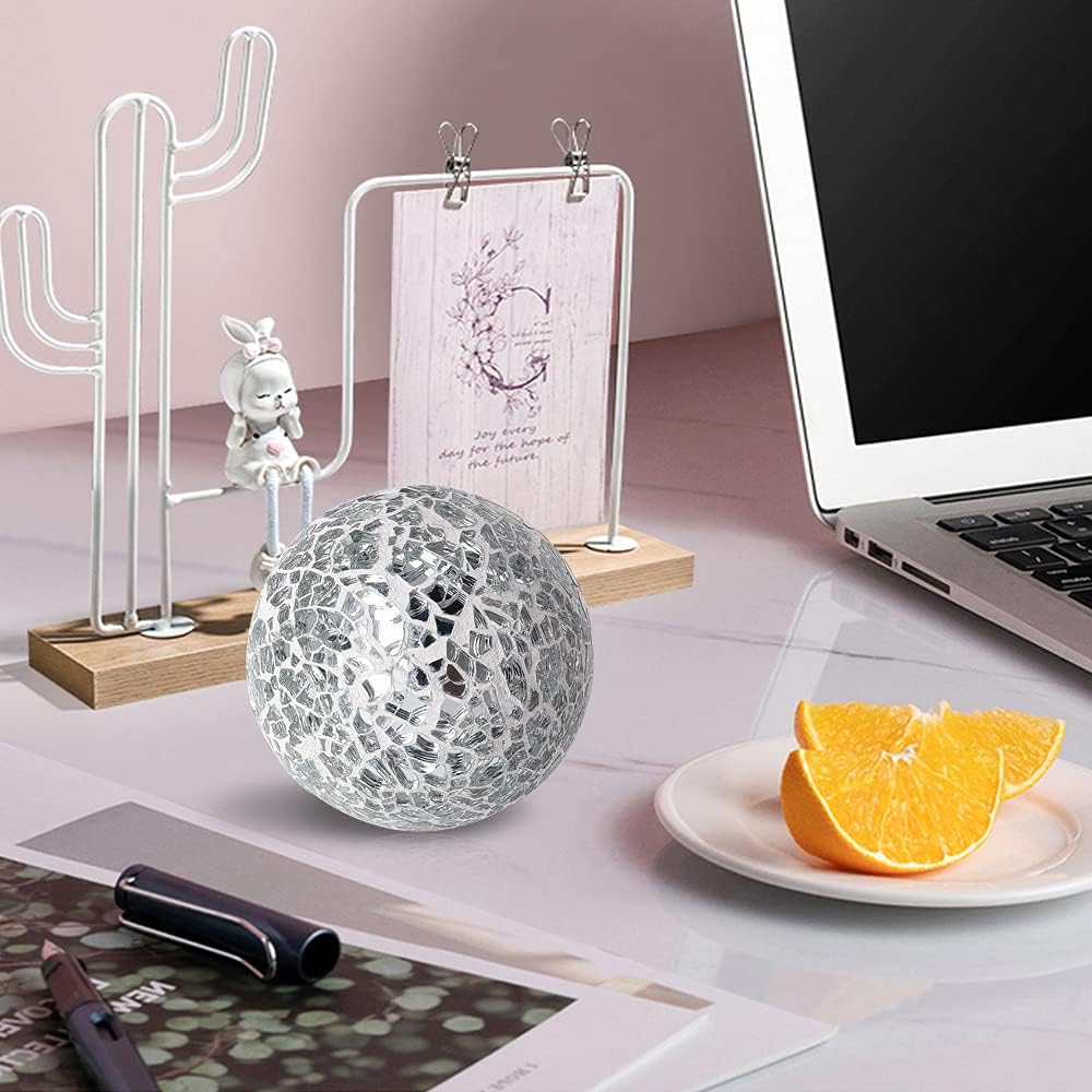 6Pcs Decorative Ball Set, 6cm/2.4inch Mosaic Glass Orbs Centerpiece Balls for Decorate Tables Wedding Party (Silver)