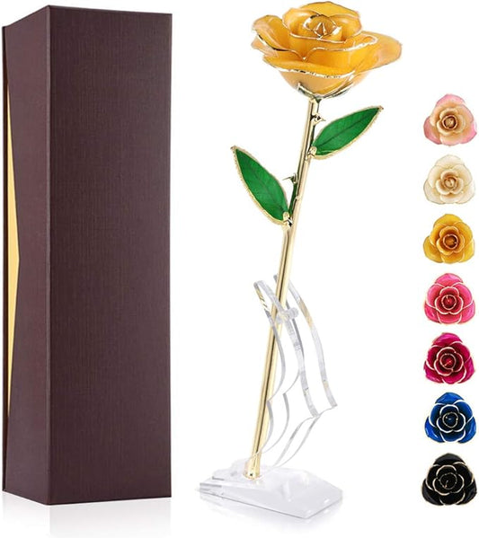 Ejoyous Gold Plated Rose, 24K Gold Dipped Real Rose Flower Lover Mom Wife Daughter Girl Friend, Present on Mother's Day, Wedding Anniversary, Birthday, Proposal, Reward (Yellow