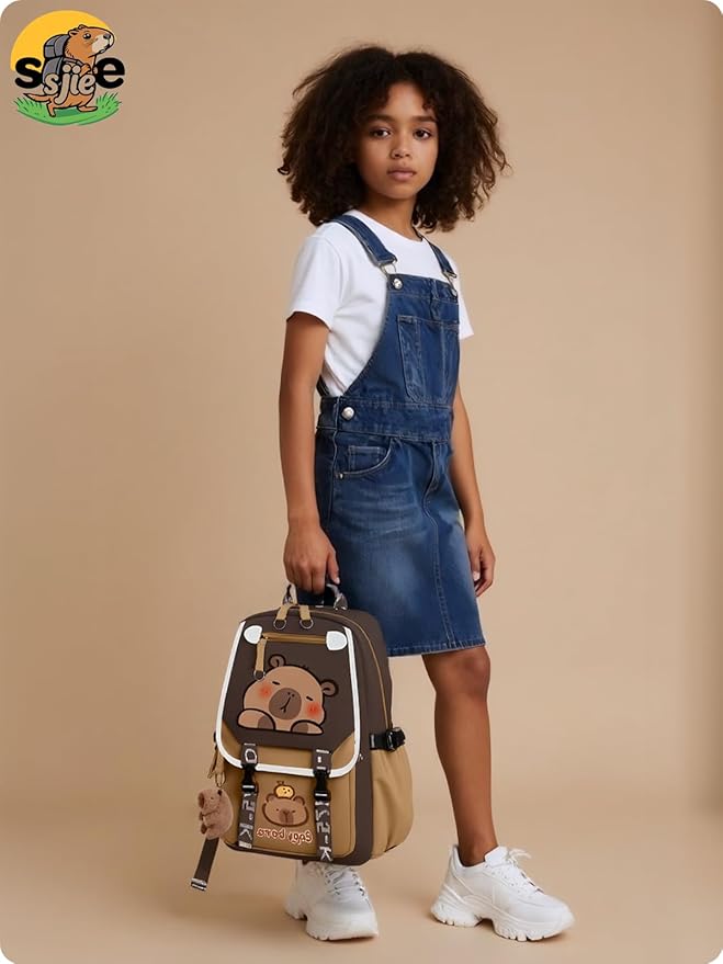 Waterproof Capybara Backpack，Large-capacity Kawaii capybara bag with 11-Piece Accessories (Badges, Pendants, Plush capybara, Stickers and others)