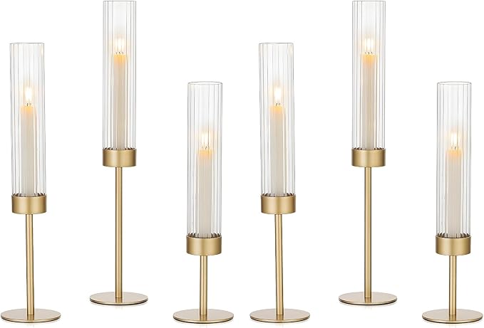 Garvee Gold Hurricane Candle Holders Set of 6, Taper Candlestick Holders with Ribbed Glass Cylinder Sleeves, Elegant Table Centerpiece for Wedding, Birthday, Christmas, Home Decor