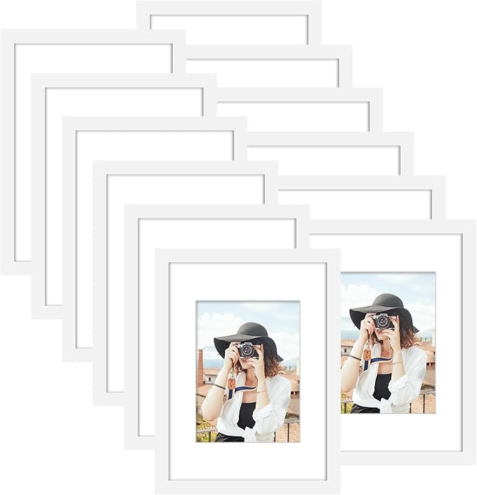 Picrit A4 Picture Frame Set of 12, Display 6x8 with Mat or 8.3x11.7 without Mat, Photo Frames for Wall Mounting or Table Top Display, White