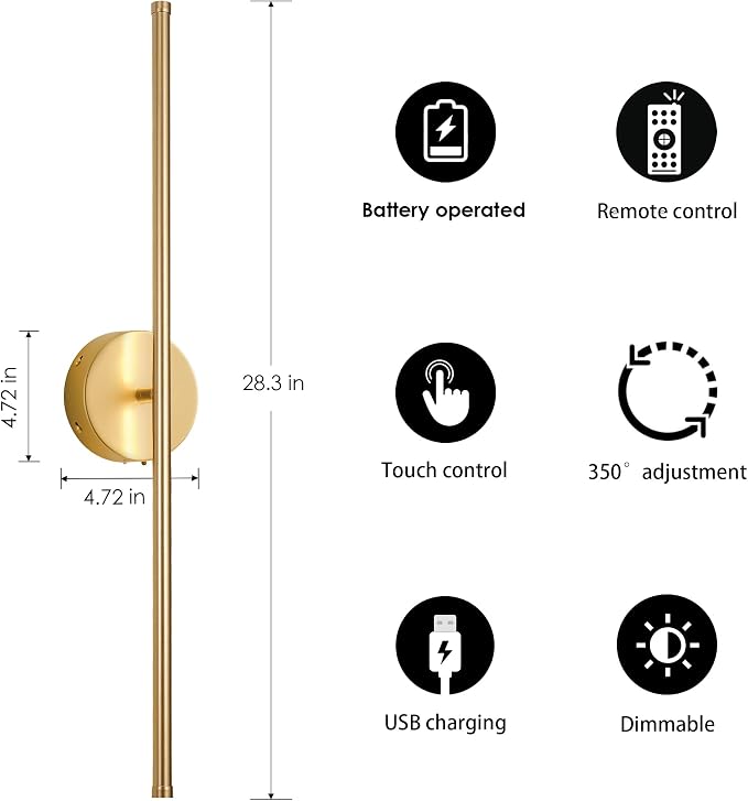 KARTOOSH Battery Operated Wall Sconces with Remote Control, Dimmable Wall Sconces Set of Two, 350°Rotate, 3000K LED Gold Wireless Wall Light for Living Room, Bedroom, Hallway, 28.3 Inch (2 Pack)