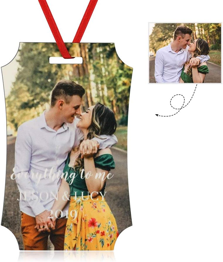 Gemszoo Personalized Picture Christmas Ornament, Custom Double Sided Photo Text Wooden Hanging Xmas Tree Keepsake Pendant Decoration Gift for Family (1, Scalloped Rectangular)