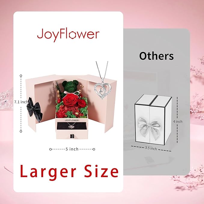 JoyFlower Preserved Rose Moss Bear with Necklace Christmas Roses Gifts Forever Flowers Red Rose Teddy Bear for Mom Women Girlfriend Wife Grandma Valentines Mothers Day Birthday Anniversary Wedding