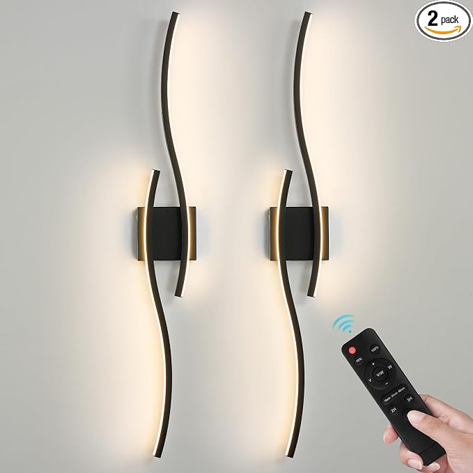 Black Battery Operated Wall Sconces: 39.3 Inch Rechargeable Sconce Set of Two with Remote Control/3 Colors/10-100% Dimming/Timer, Modern Wall Lighting for Bedroom Living Room Hallway Bathroom, 2 Pcs