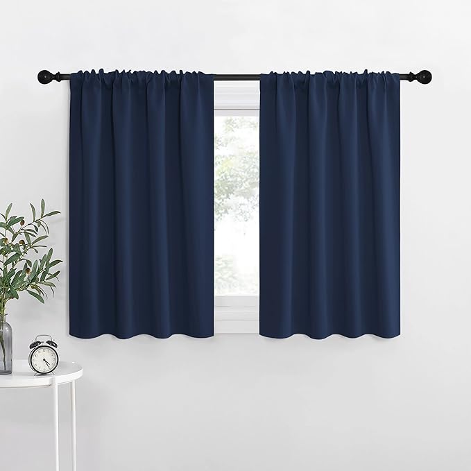 NICETOWN RV Blackout Curtains for Camper Windows, Kitchen Curtains, Short Blackout Curtains & Drapes, Thermal Insulated Rod Pocket Window Treatment Draperies for Nursery (Navy, 34" x 30", Set of 2)