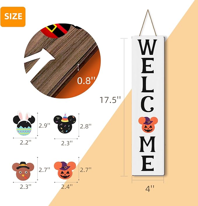15.7'' Cute Mouse Seasonal Interchangeable Home Sign for Front Porch,18pcs Interchangeable Hanging Vertical Welcome Door Sign for Farmhouse/Wall/Porch Decor and Housewarming Gift