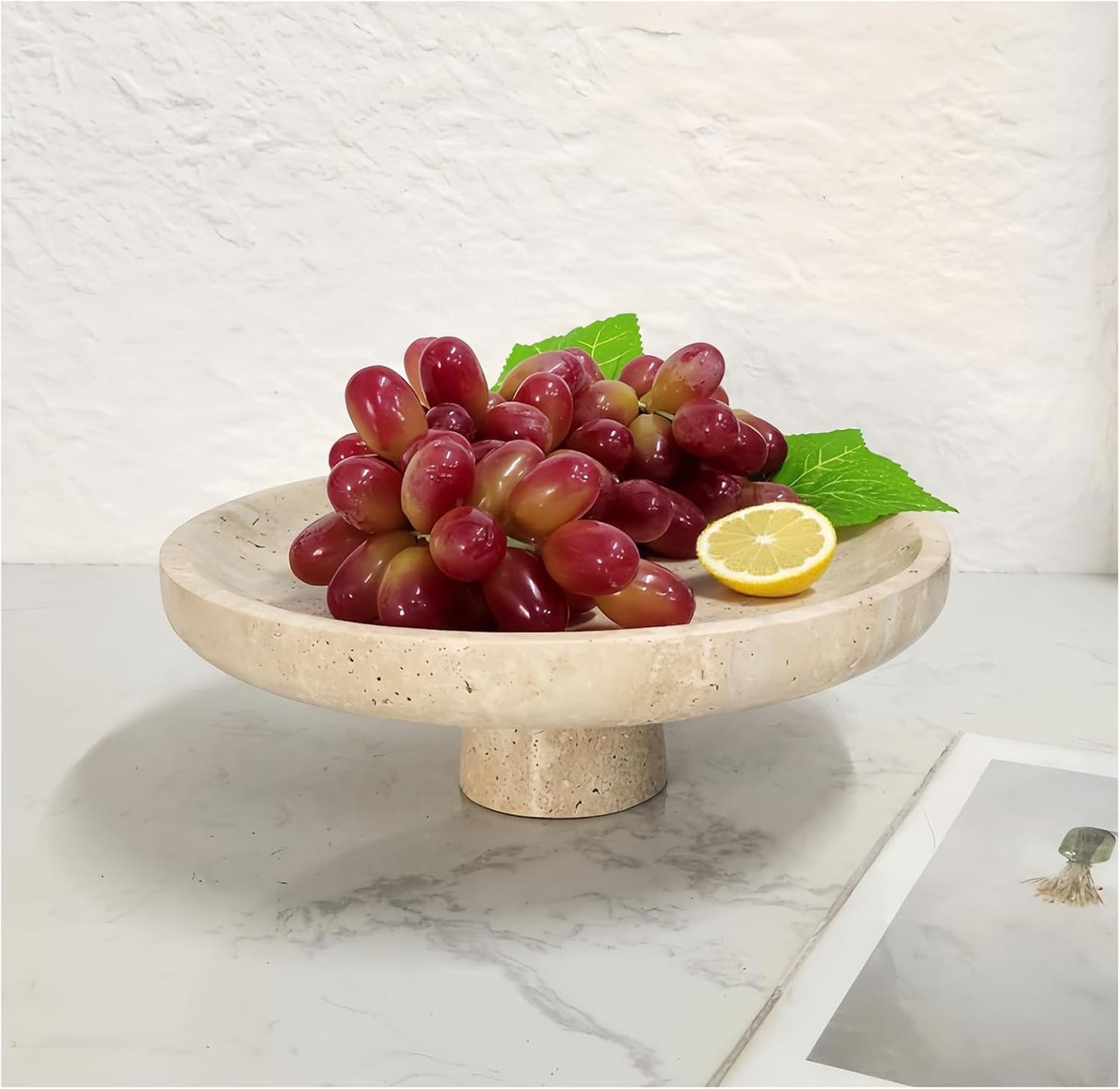 Natural Travertine Fruit Bowl 10.2" – Large Decorative Bowl & Travertine Decor Pedestal for Kitchen Counter & Dining Table ,For Entryway, Kitchen Fruit Bowl, Potpourri, Dining Table Centerpiece.
