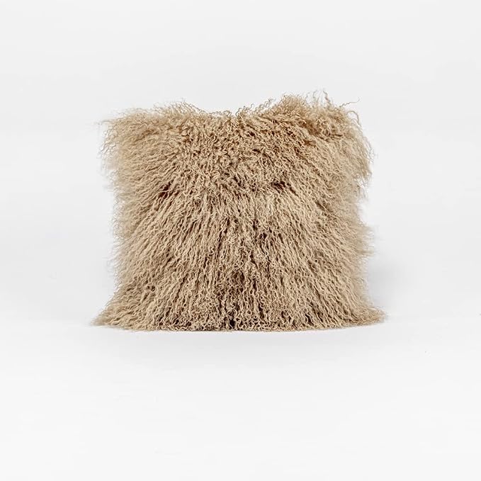 Mongolian Lamb Fur Throw Pillow Cover (16'' x 16'', Khaki), Real Sheep Fur Decorative Cushion Cover Case Home Decorative Square Throw Pillow Cover Plain Wool Pillow Protector