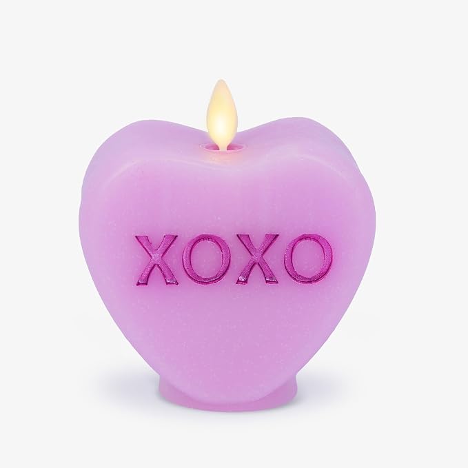Luminara Candy Heart XOXO Pastel Orchid Candle- Flameless Real-Flame Romantic Battery Operated LED Decor- Valentine's Day Collection- 3.5" x 4.5"