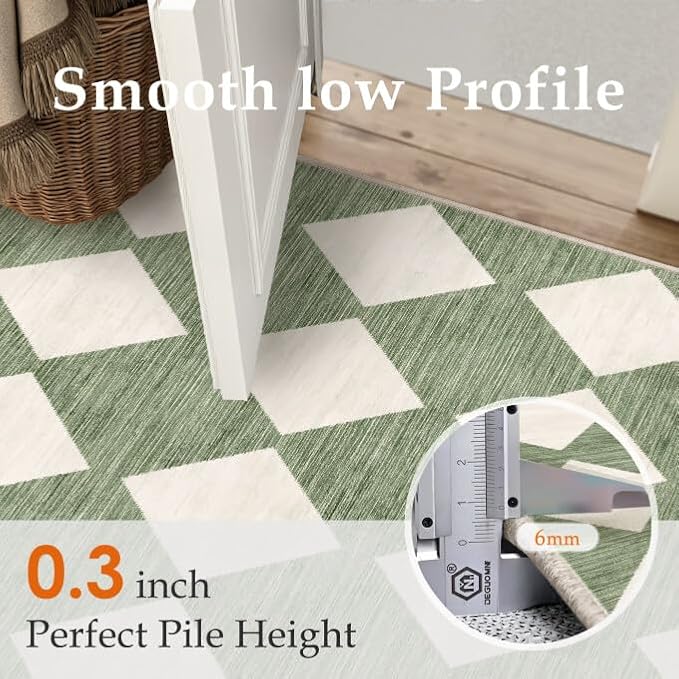 PureCozy Checkered 2x8 Runner Rug for Hallways Green and White Washable Long Carpet Non-Slip Low Pile Modern Soft Indoor Accent Throw Rugs for Entrance Kitchen Bedroom Dining Laundry
