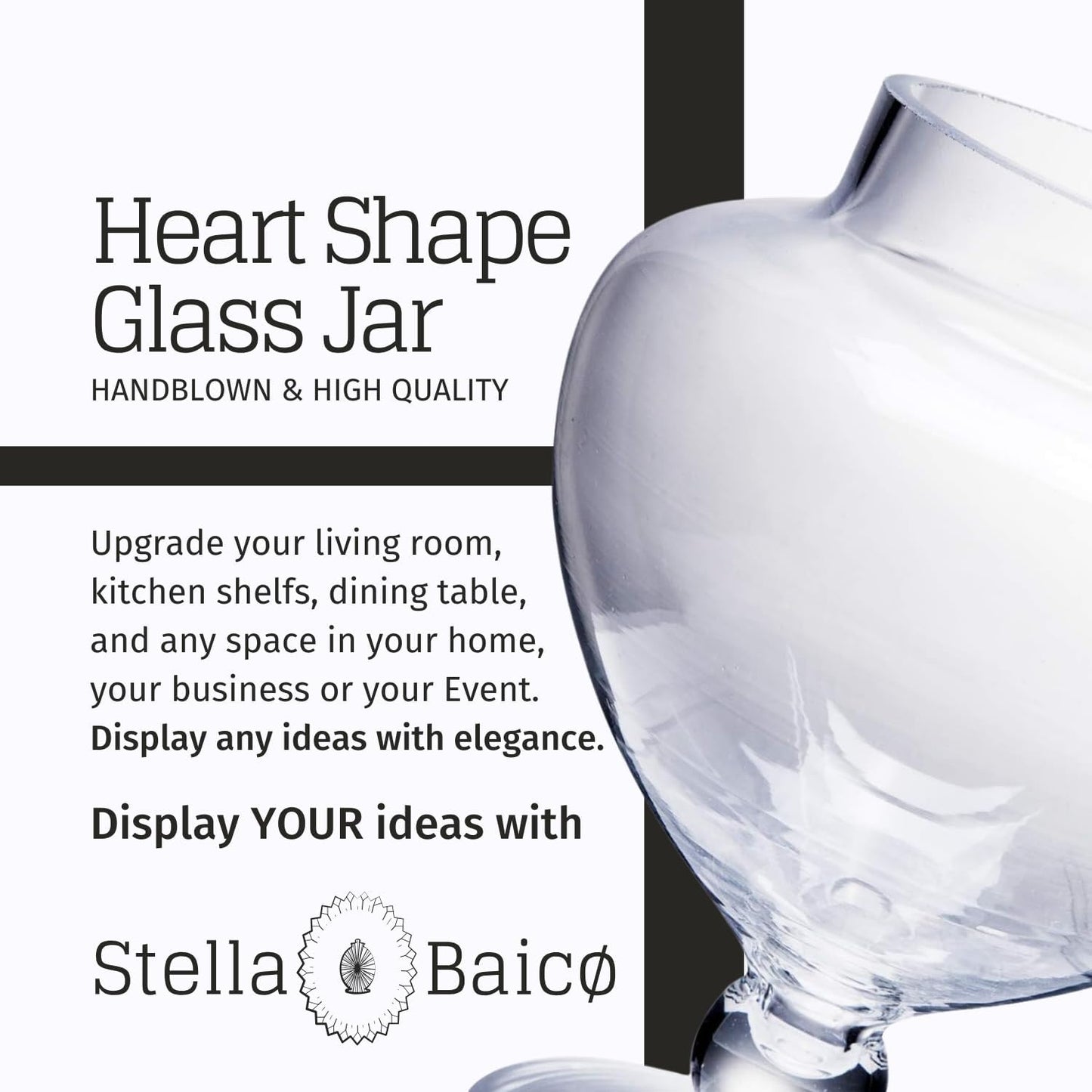 Stella Baic Small Heart-Shaped Glass Apothecary Jars with Lids, Clear, 28 Fl. Oz (9" H x 5" D), Perfect for Candy Buffet, Home Decor, Bathroom Storage, Wedding Party