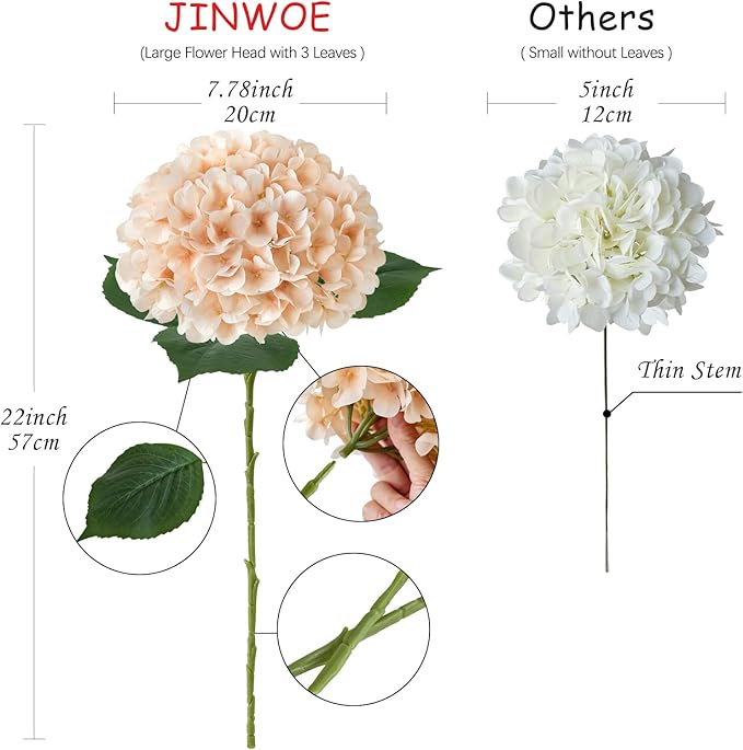 JINWOE Light Coffee Boho Silk Hydrangea Artificial Flowers, 4Pcs 22Inch Full Fake Artificial Hydrangeas with Stems for Bouquet Table Centerpieces Home Decoration Porch Outdoor