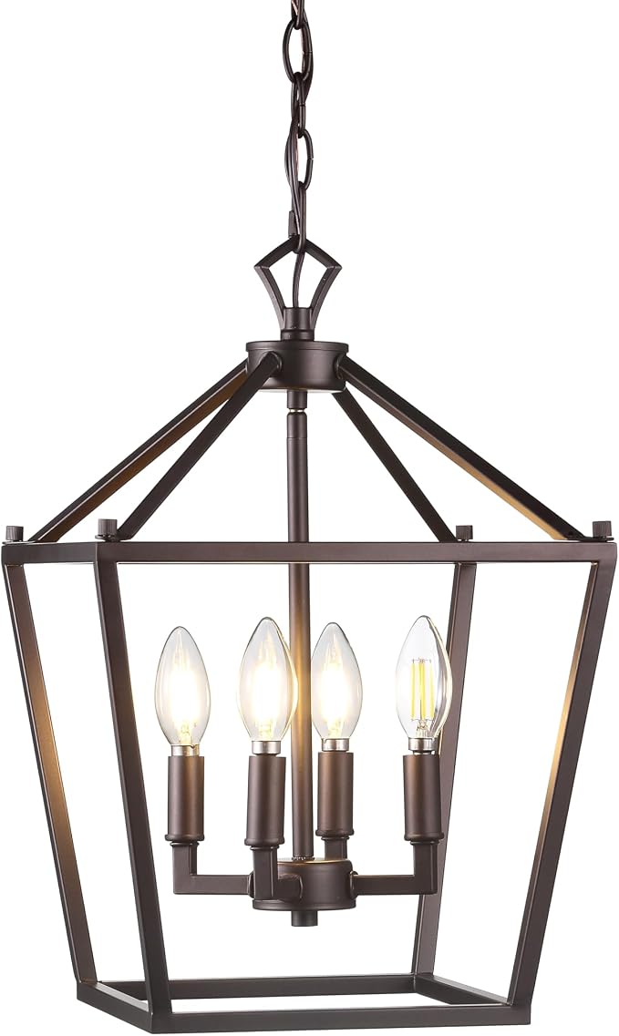 JONATHAN Y 12" Oil Rubbed Bronze Lantern Pendant Light, 4-Light Pagoda Style Metal Cage Farmhouse Hanging Ceiling Fixture for Kitchen Island, LED Bulb Included (JYL7436A)