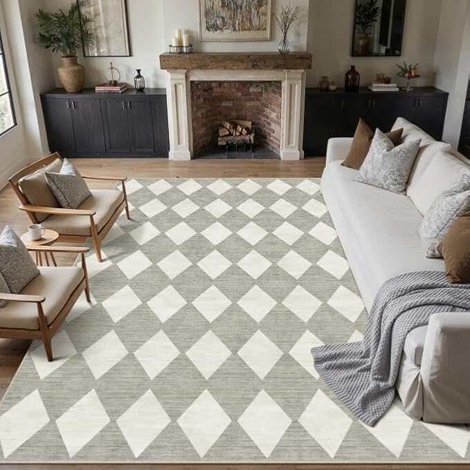 PureCozy 6x9 Checkered Area Rugs for Living Room Gray Machine Washable Modern Soft Large Rug Non-Slip Low Pile Accent Indoor Office Carpet for Bedroom Dining Room Nursery Classroom
