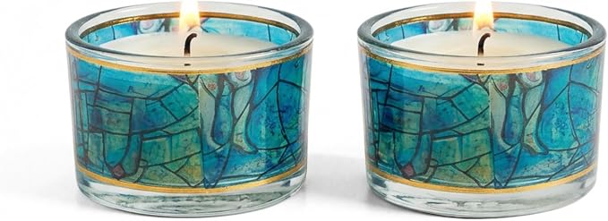 SURI Chagall Style Shabbat Candle Holders Set of 2 – Glass Shabbos Sabbath Tea Light Holders, Jewish Home Décor