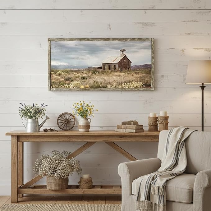 Farmhouse Wood Wall Art Picture: Framed Old Barn Print Decor Large Rustic Farm Landscape Country Artwork Panoramic Horizontal Nature Scene Rural Countryside Painting for Living Room Bedroom