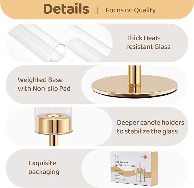 Gold Hurricane Glass Candle Holders Set of 3 Brass Taper Candlestick Holder | Windproof Flameless Candle Holder, Tall Candle Stick Holder, Table Centerpieces for Wedding, Christmas Party, Fireplace Decor