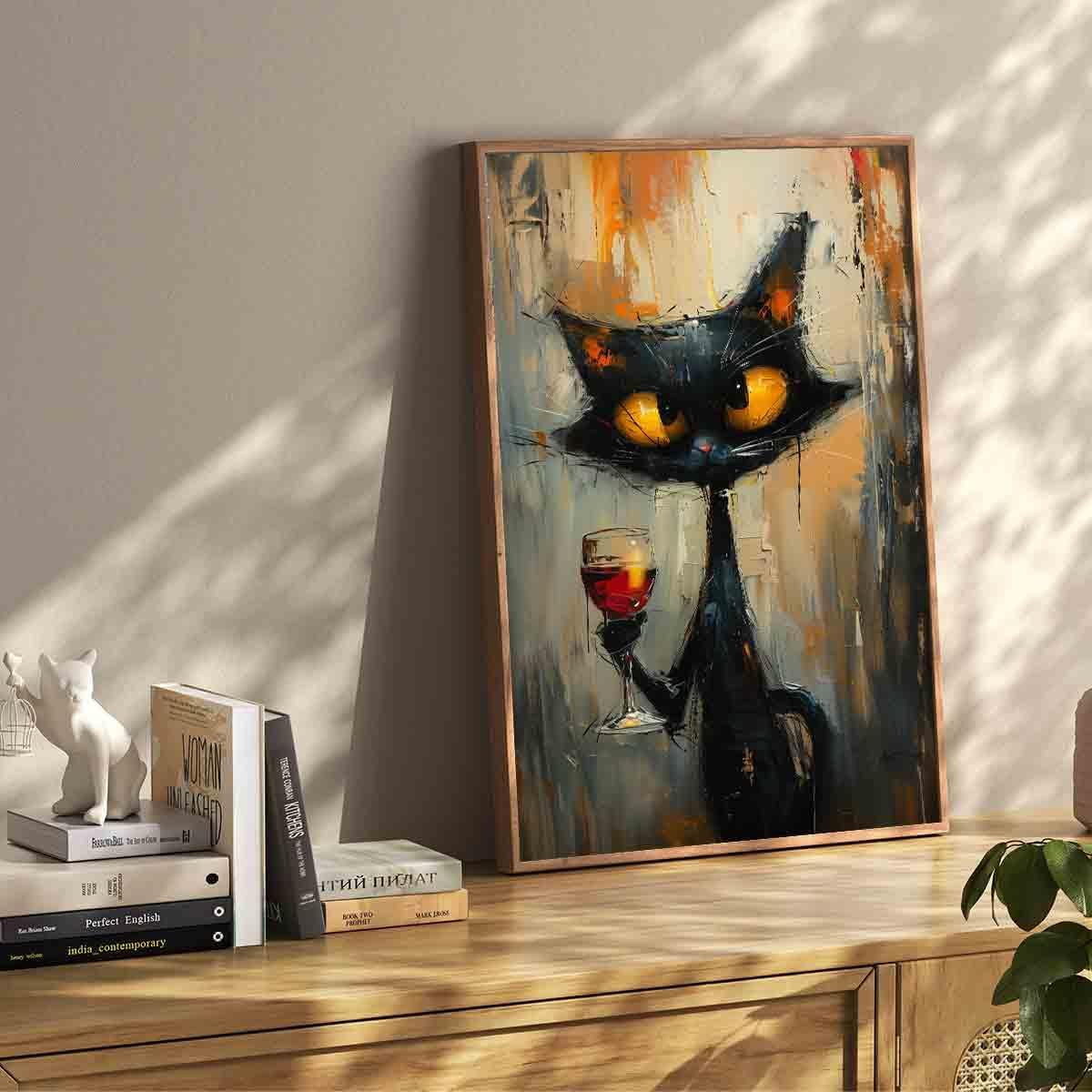 Funny Black Cat Wall Art Cute Black Cat Pictures Animal Abstract Painting Red Wine Wall Art Abstract Cat Cute Pictures Vintage Animal Pictures Funny Painting Living Room Decor 16x24inch No Frame