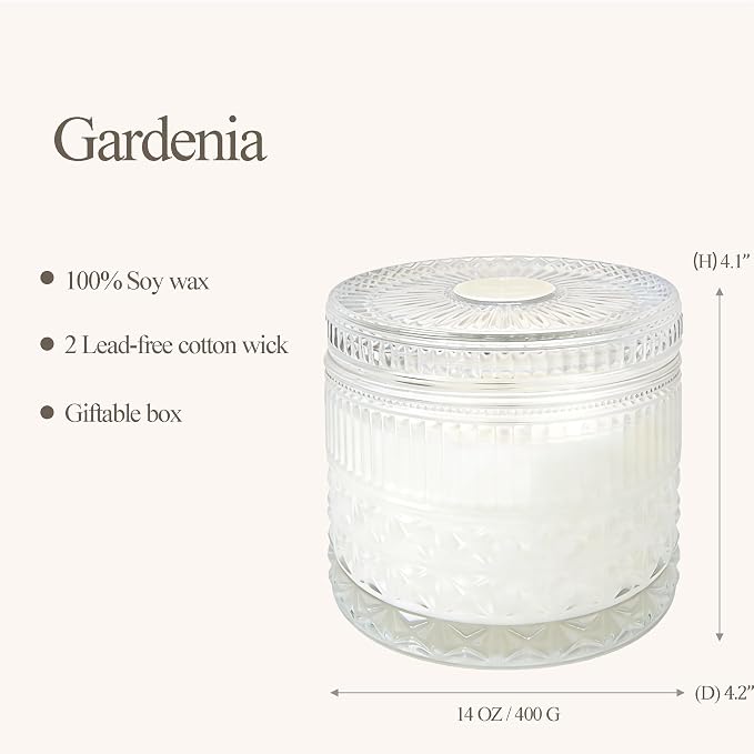 Chloefu LAN White Crystal Candle Gardenia Candles for Home Scented, Large 2-Wick Candle, Highly Scented, Gifts for Women, Anniversary Wedding, Thanksgiving, Birthday Gifts for Mom, 14 oz