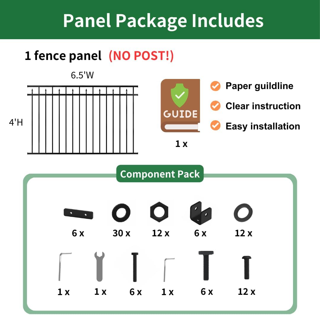 Heavy-Duty Black Metal Fence Panel, 6.5' W x 4' H, Pre-Fab Wrought Iron, Rust-Resistant, Easy to Install DIY Decorative Outdoor Fencing for Yard & Garden (Posts Sold Separately)