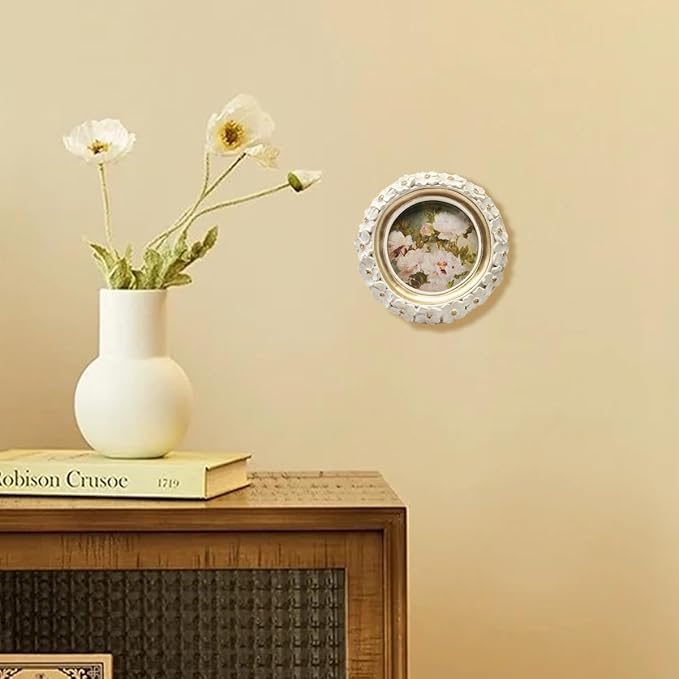 SYLVIA'S SHOP 3x3 Small Vintage Round Picture Frame, Mini Antique White Ornate Circle Photo Frame, for Tabletop and Wall Display, Decorative Floral Design Retro Home Decor, Photo Gallery Art
