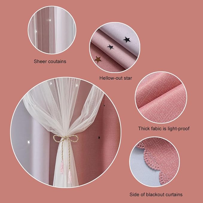 FANLI 72 Length Star Blackout Curtains for Kid Girls Bedroom Ombre Rainbow Darking Double Layer Star Cut Out Wall Home Decor Gradient Grommet Window Curtains (Pink White72L)