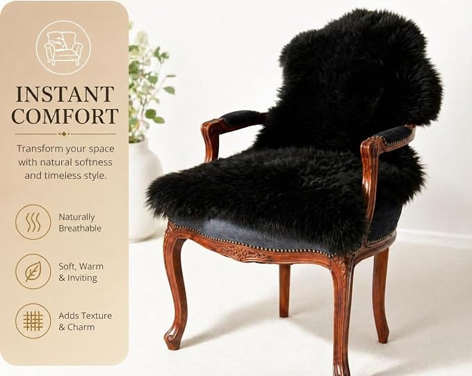 Woolous Black Sheepskin Rug Genuine New Zealand Lambskin Single Pelt 2x3 ft | Real New Zealand lambskin wool with soft fluffy texture. Use as sheep skin rug, chair throw, sofa cover or bedroom decor.