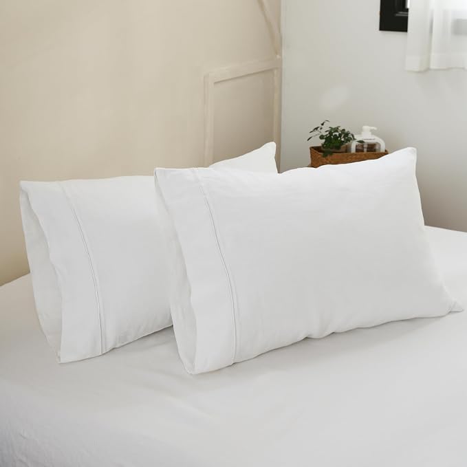 100% French Linen Pillowcases with Embroidery - Pack of 2 - Washed Solid Color Natural Flax Soft Breathable - White, 20'' x 40''