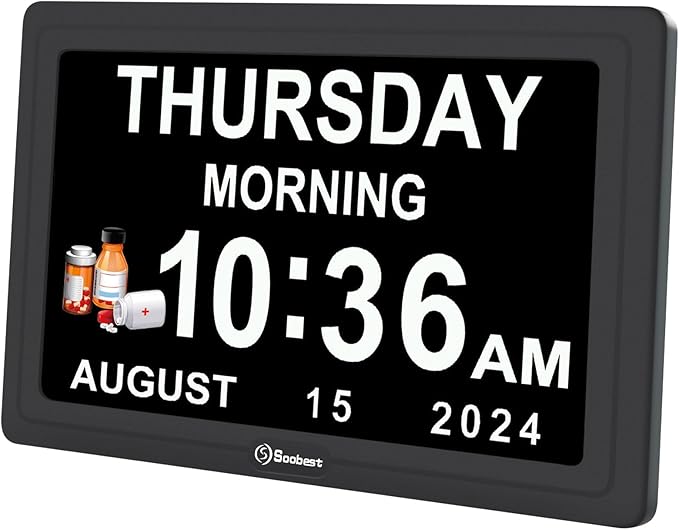Soobest Dementia Digital Clock for Seniors Elderly, 20 Alarm Reminders 3 Ringtones for Memory Loss Alzheimers, Electric Time Date Day Large Display Calendar Clock, Auto DST, 1024 * 600P HD
