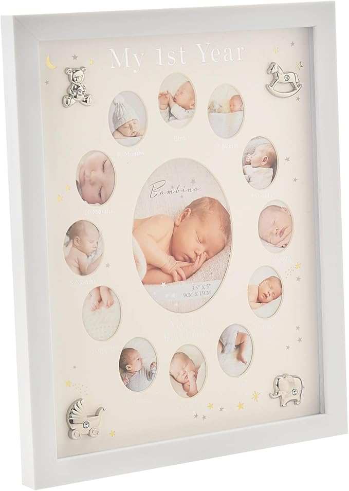 Happy Homewares Bambino Multi Aperture First Year Wooden Collage Photo Frame with Silver Icons - Perfect for a Family with a