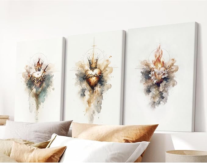 Jesus Canvas Wall Art Sacred heart of Jesus Pictures Christian Wall Decor Catholic Poster Religious Wall Art Heart of Mary and Joseph Painting Divine Mercy Prints for Bedroom 12x16 Inch Ready to Hang